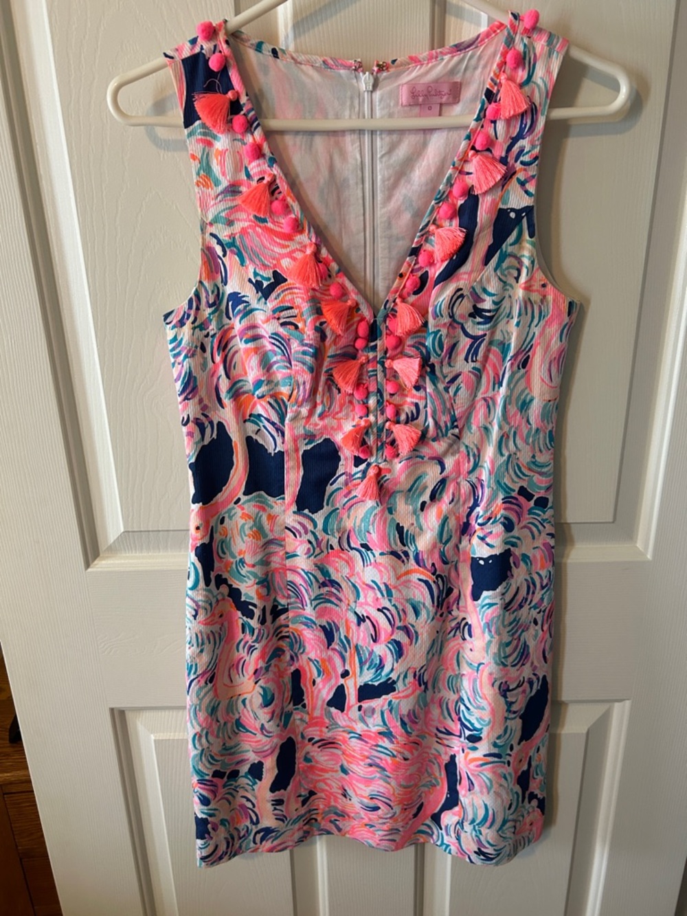 Lilly Pulitzer Pink Navy Multi Pom-Pom V-Neck Mini Dress